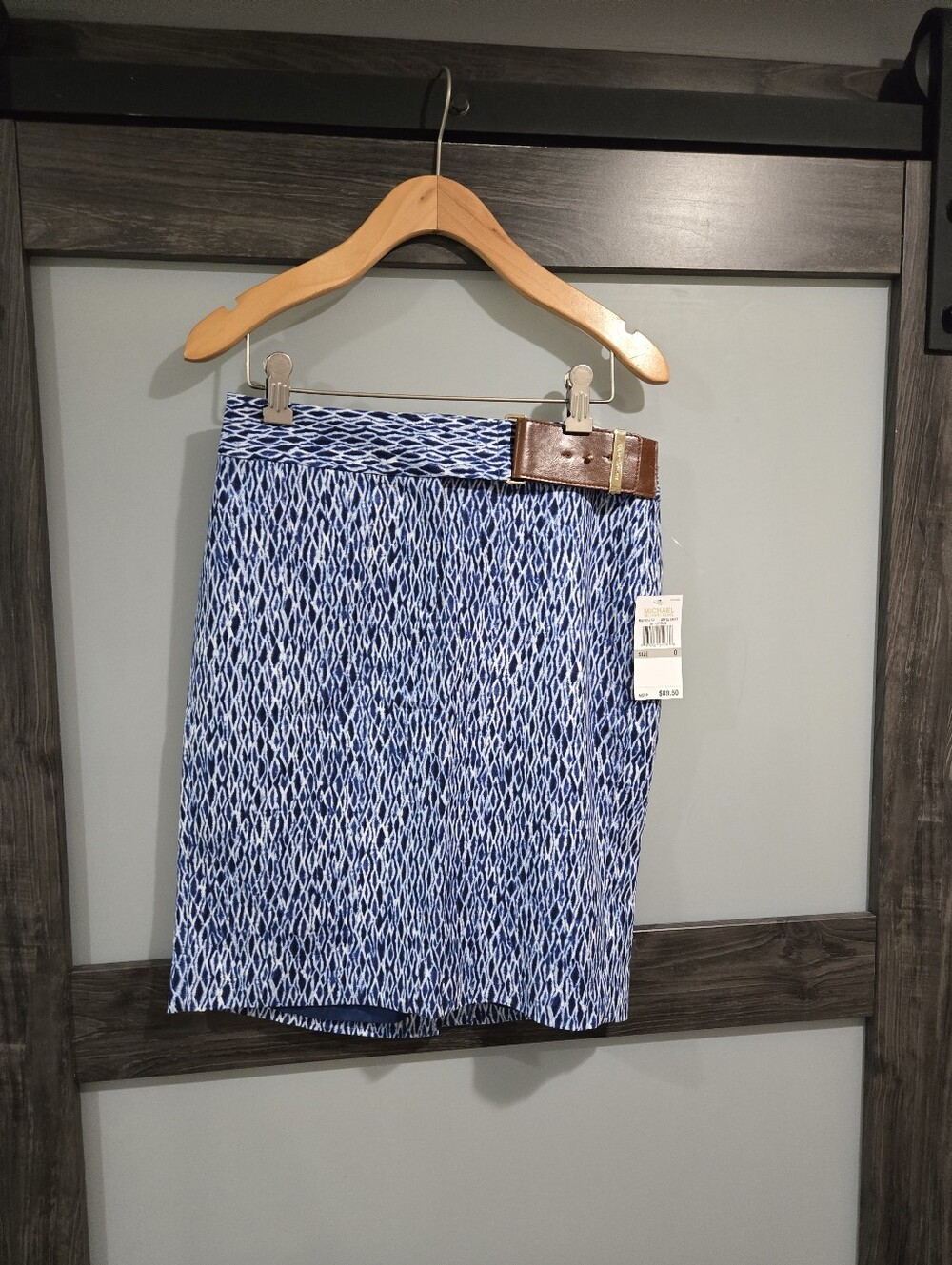 NWT MICHAEL Michael Kors Belted Blue And White Pencil Skirt Size 0